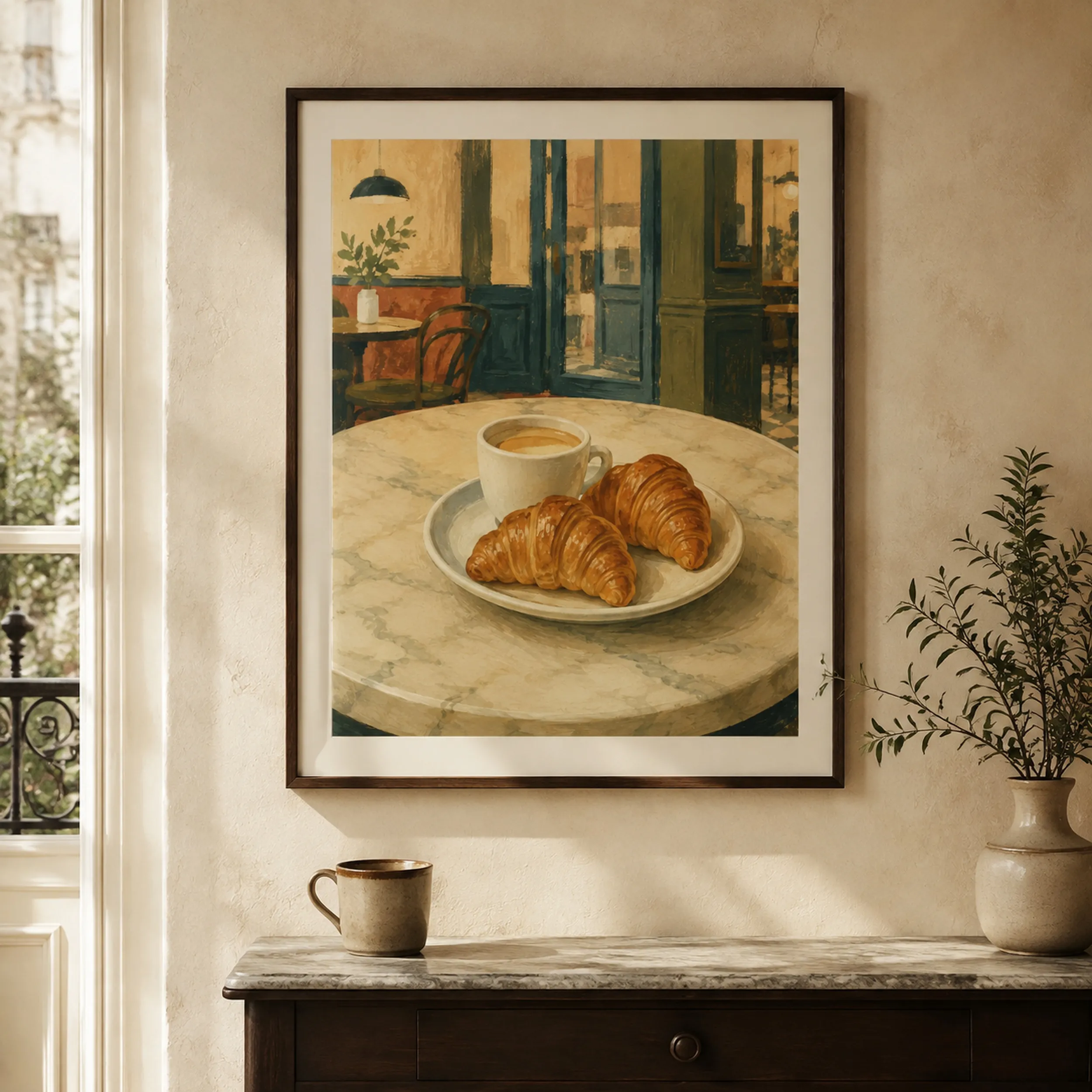 Framed print of a cortado and two medialunas on a marble café table hanging in a warm interior.