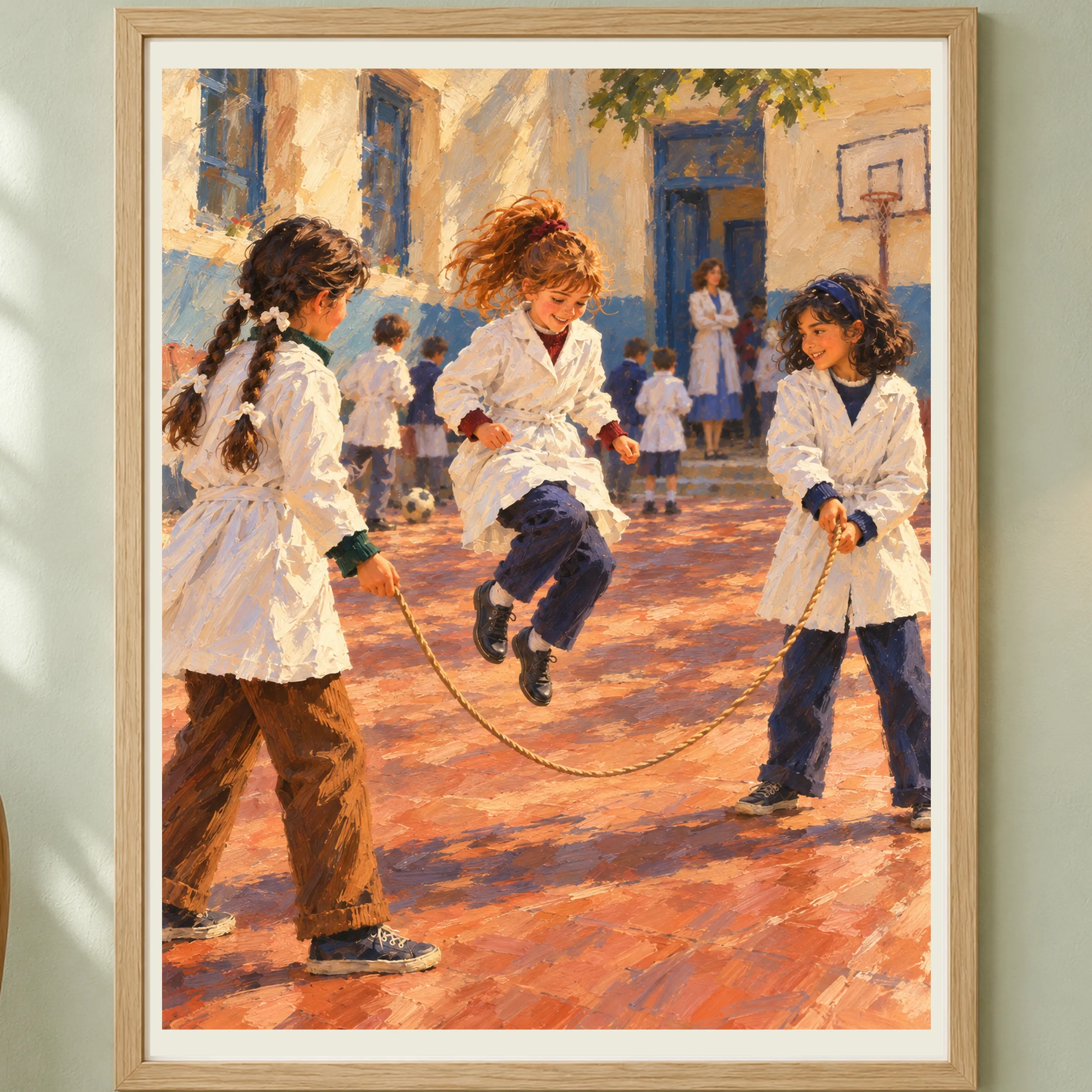 El recreo art print displayed prominently in a bright reading corner with a pale sage-green wall and a light oak frame, featuring white school smocks, warm sunlight and a shared childhood game.
