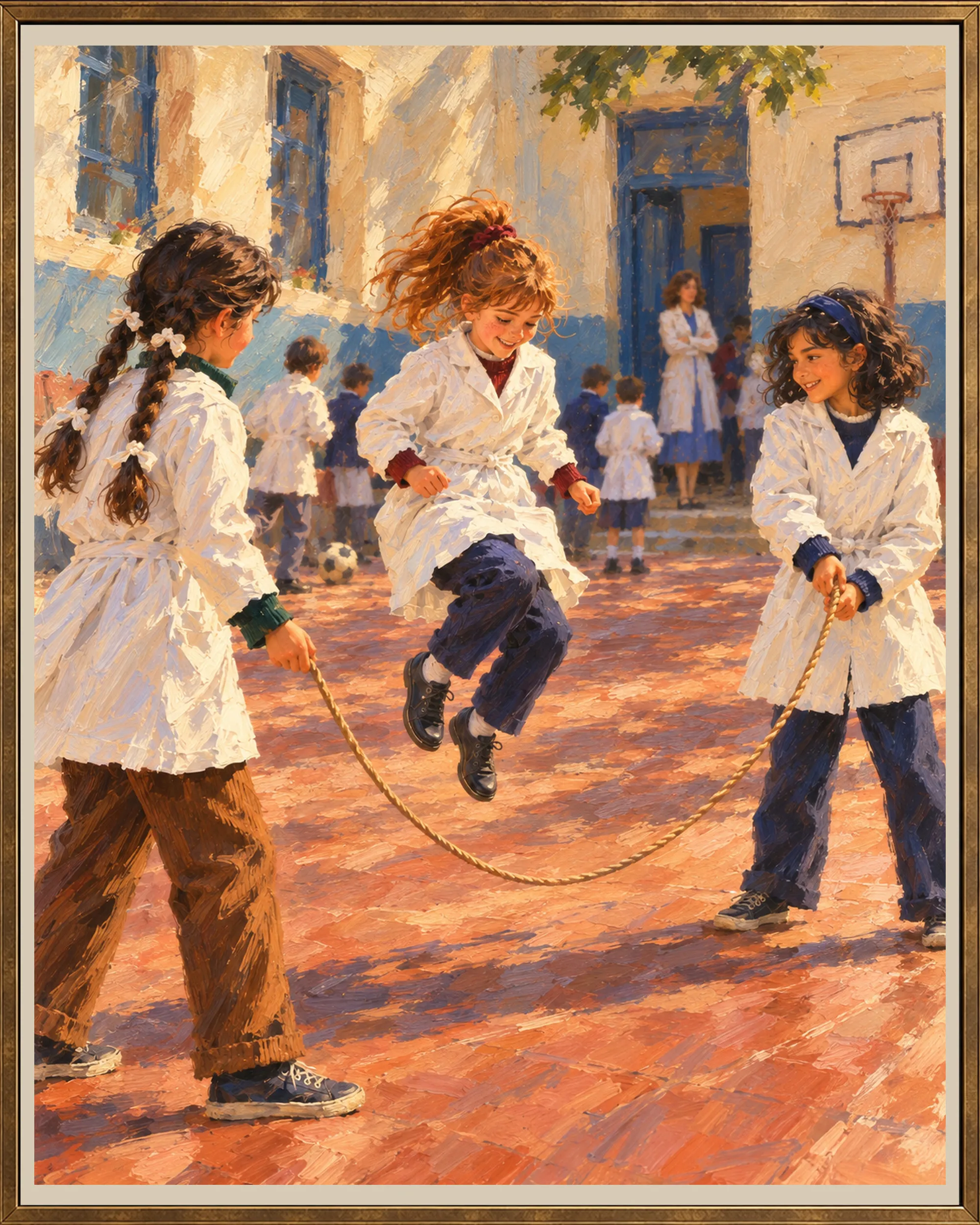 Close-up framed view of a loose oil painting depicting three distinct girls playing jump rope during recess at an Argentine school, set against a deep plum wall in an aged-brass frame.