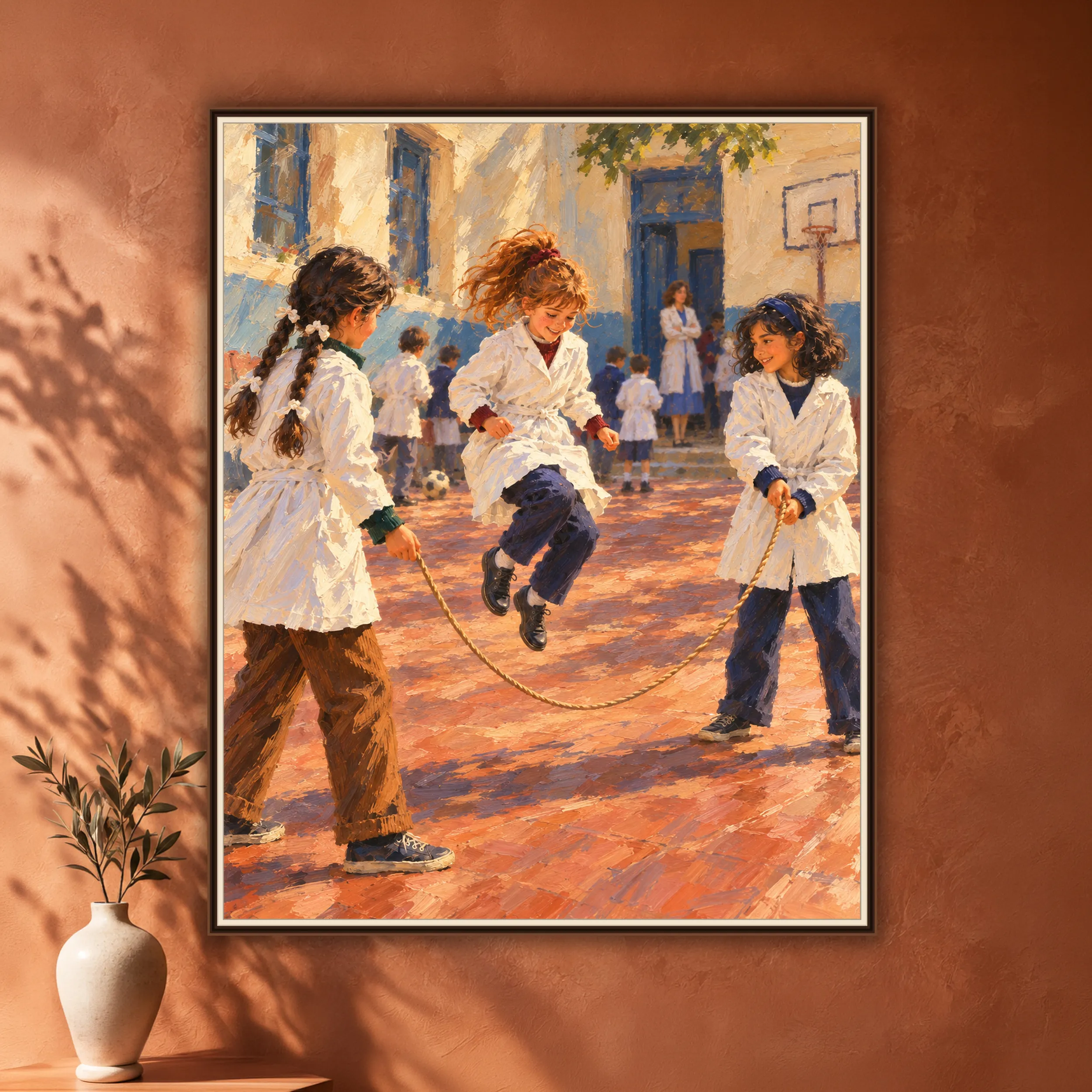 Large framed vertical art print of three schoolgirls jumping rope in a nostalgic 1990s Argentine public-school courtyard, displayed against a muted terracotta wall in a dark walnut frame.