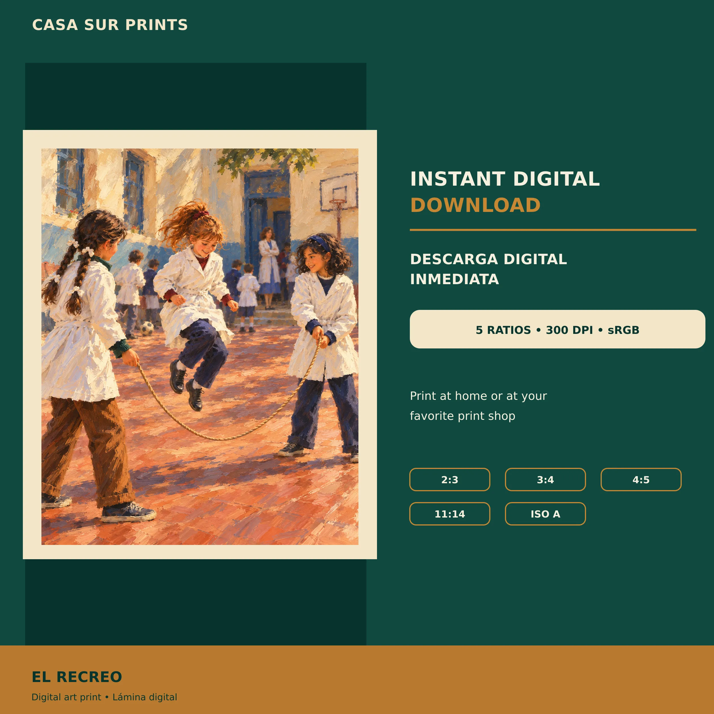 Casa Sur Prints product information graphic for El recreo, showing the artwork and five included print ratios: 2:3, 3:4, 4:5, 11:14 and ISO A.