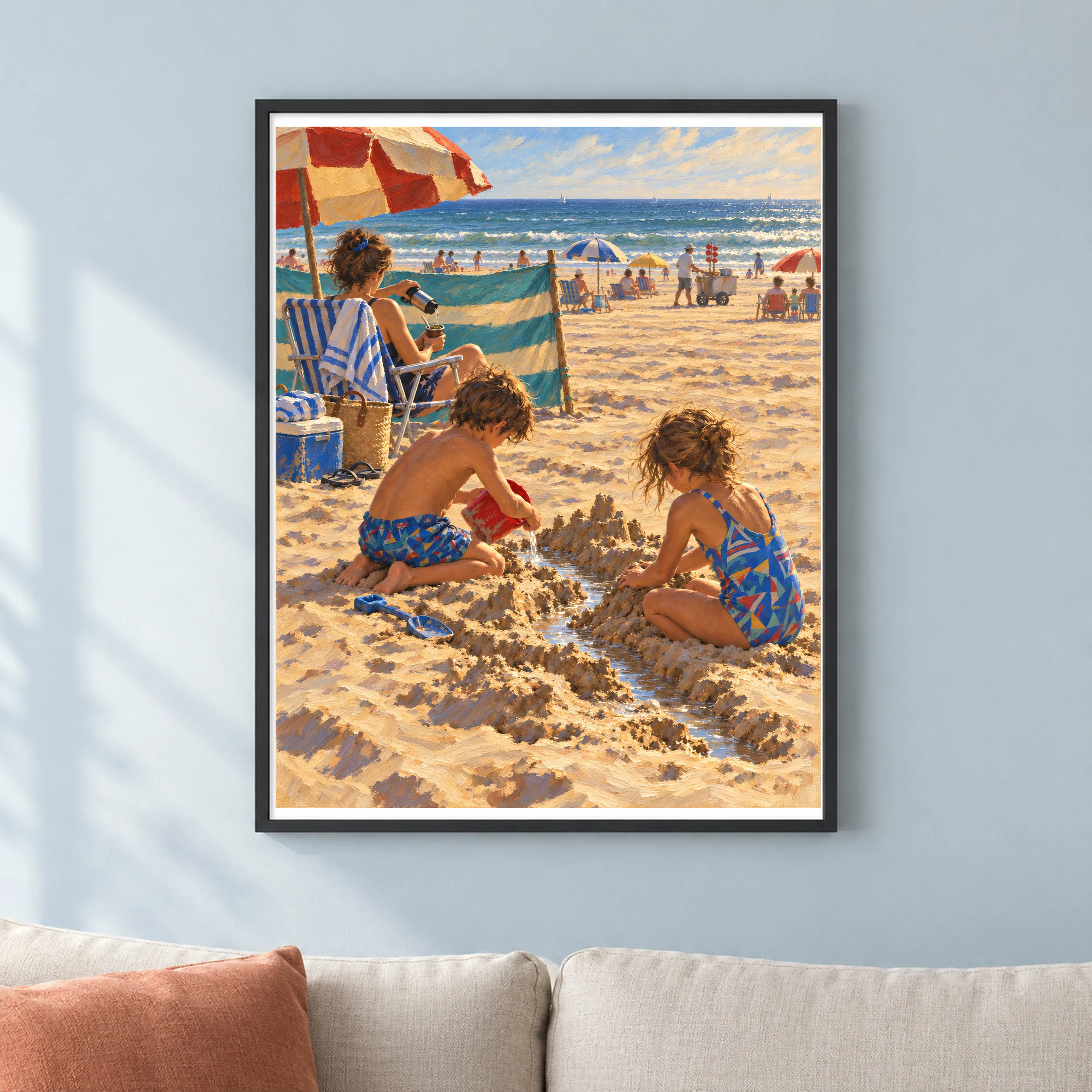 Enero junto al mar art print shown in a contrasting contemporary room, featuring a nostalgic 1990s family beach scene from Argentina.