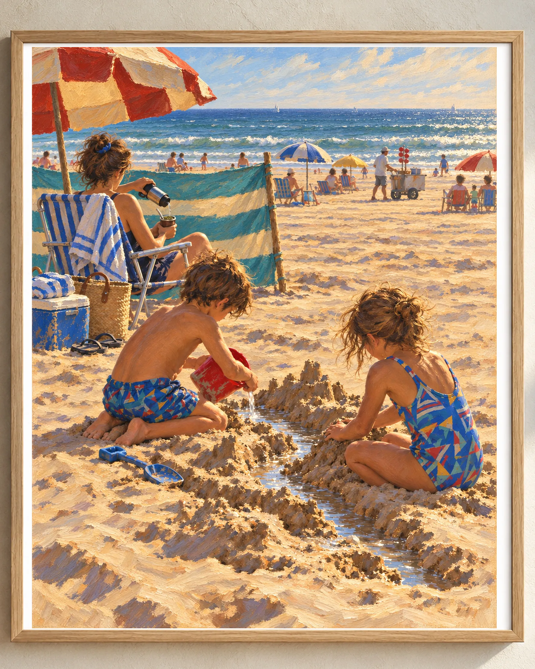 Close-up framed view of a painterly Argentine beach artwork showing siblings playing in the sand, a parent pouring mate, and the Atlantic coast in the distance.