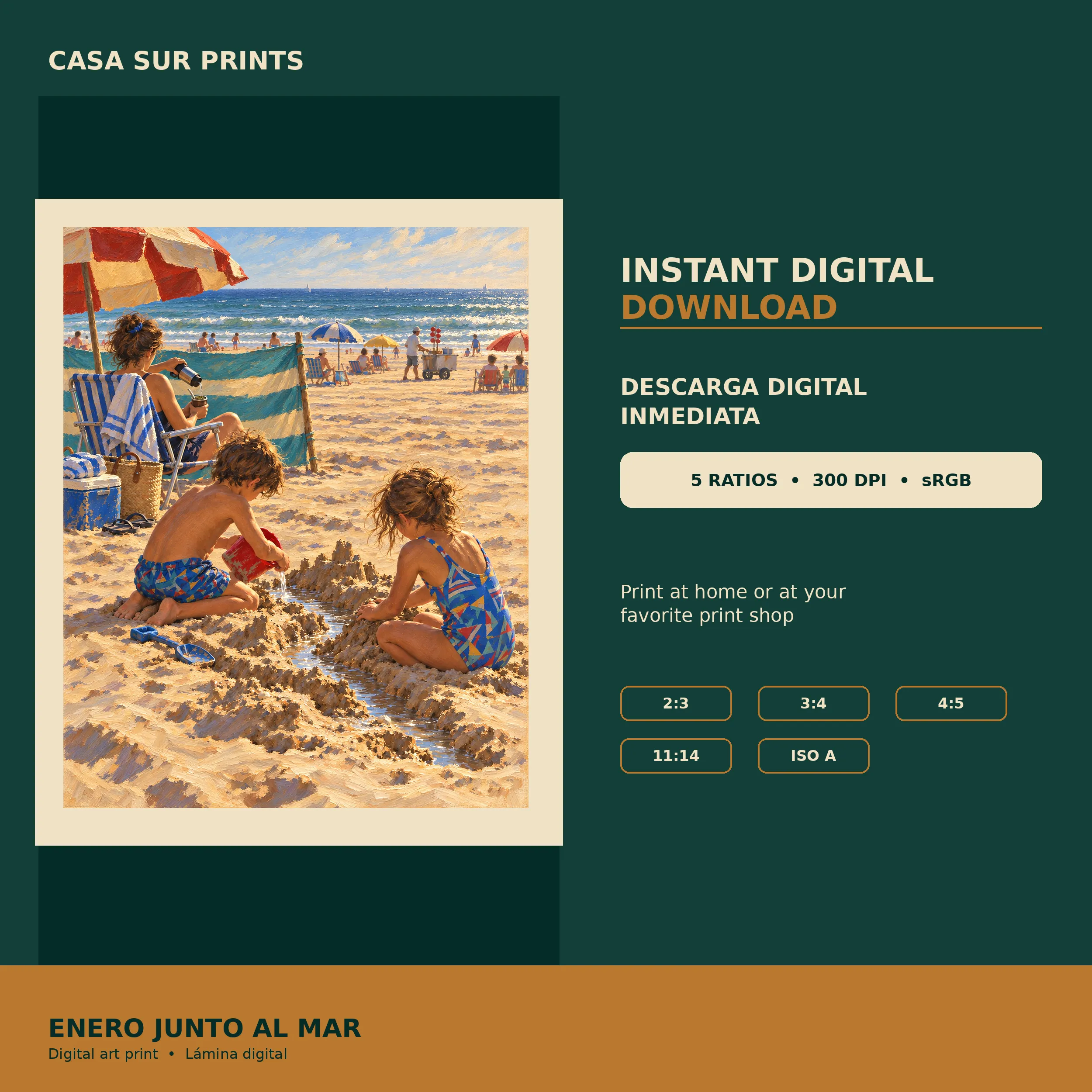 Casa Sur Prints digital download preview for Enero junto al mar, including five print ratios, 300 DPI resolution, and sRGB color profile.
