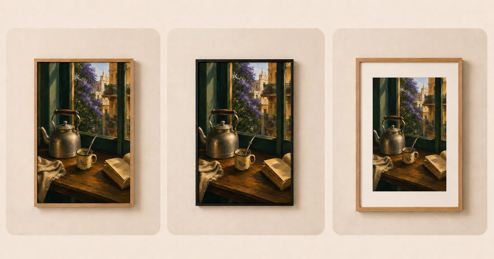 Mate en la Ventana shown in three frames side by side: natural wood, black, and light wood with a white mat.