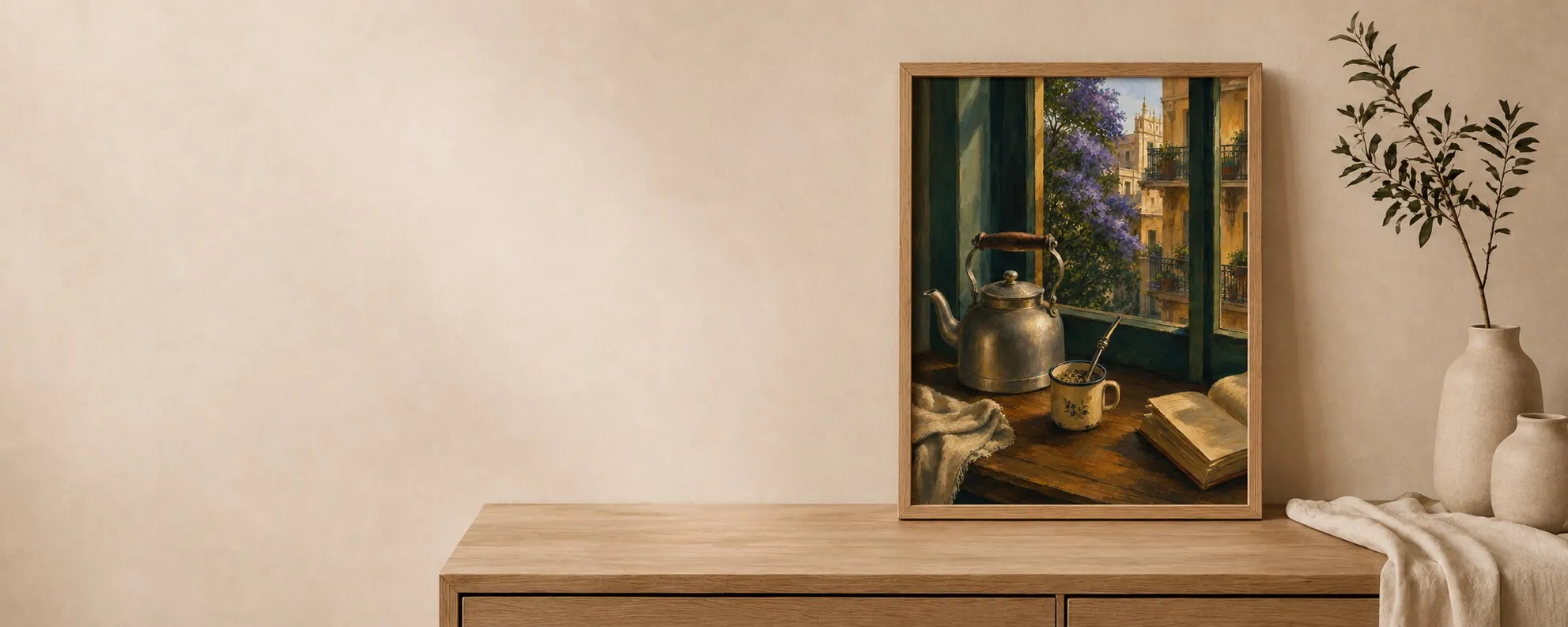 Mate en la Ventana printed and framed in natural wood, leaning on a light oak sideboard beside ceramic vases and an olive branch.