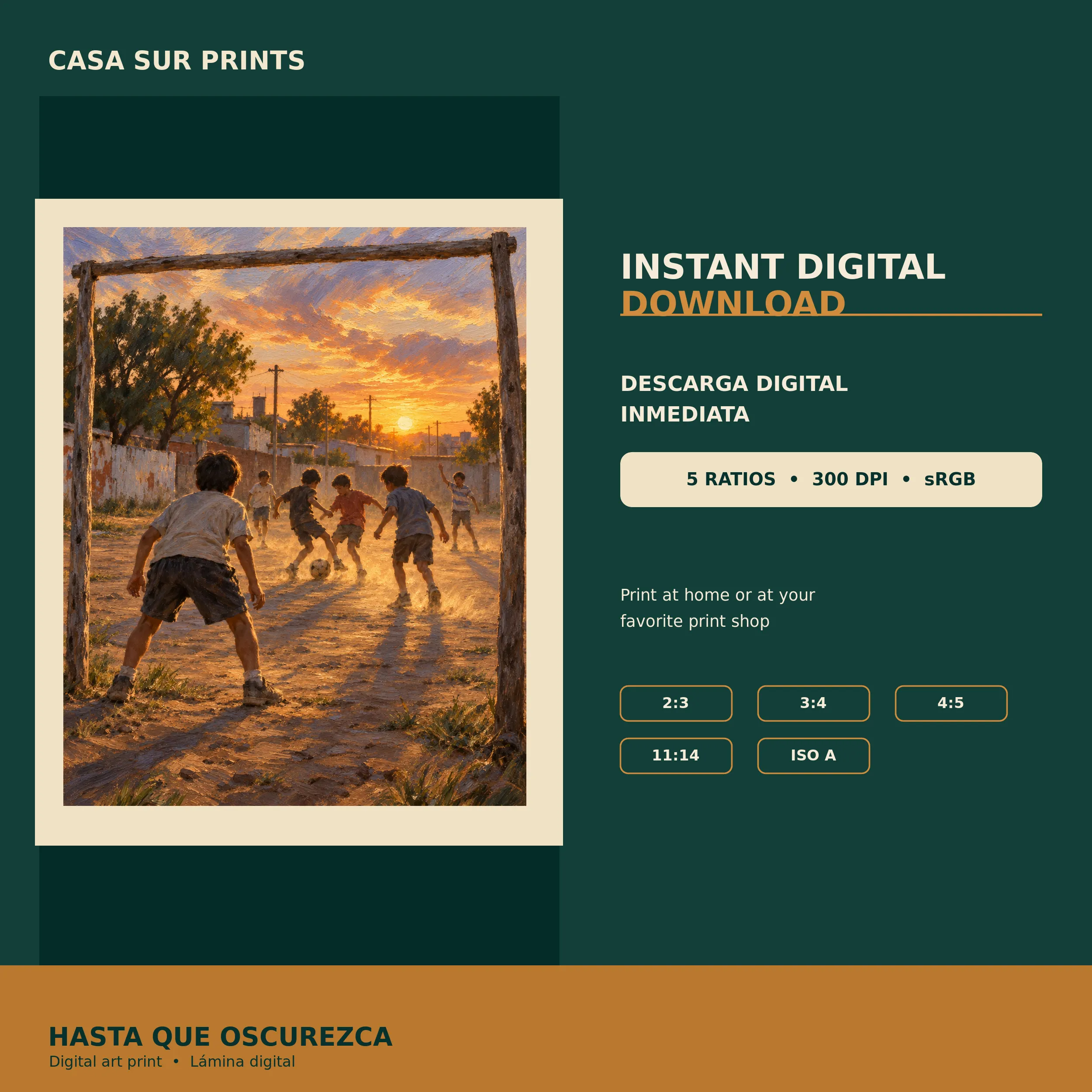Digital download preview for Hasta que Oscurezca listing five print ratios, 300 DPI and sRGB.