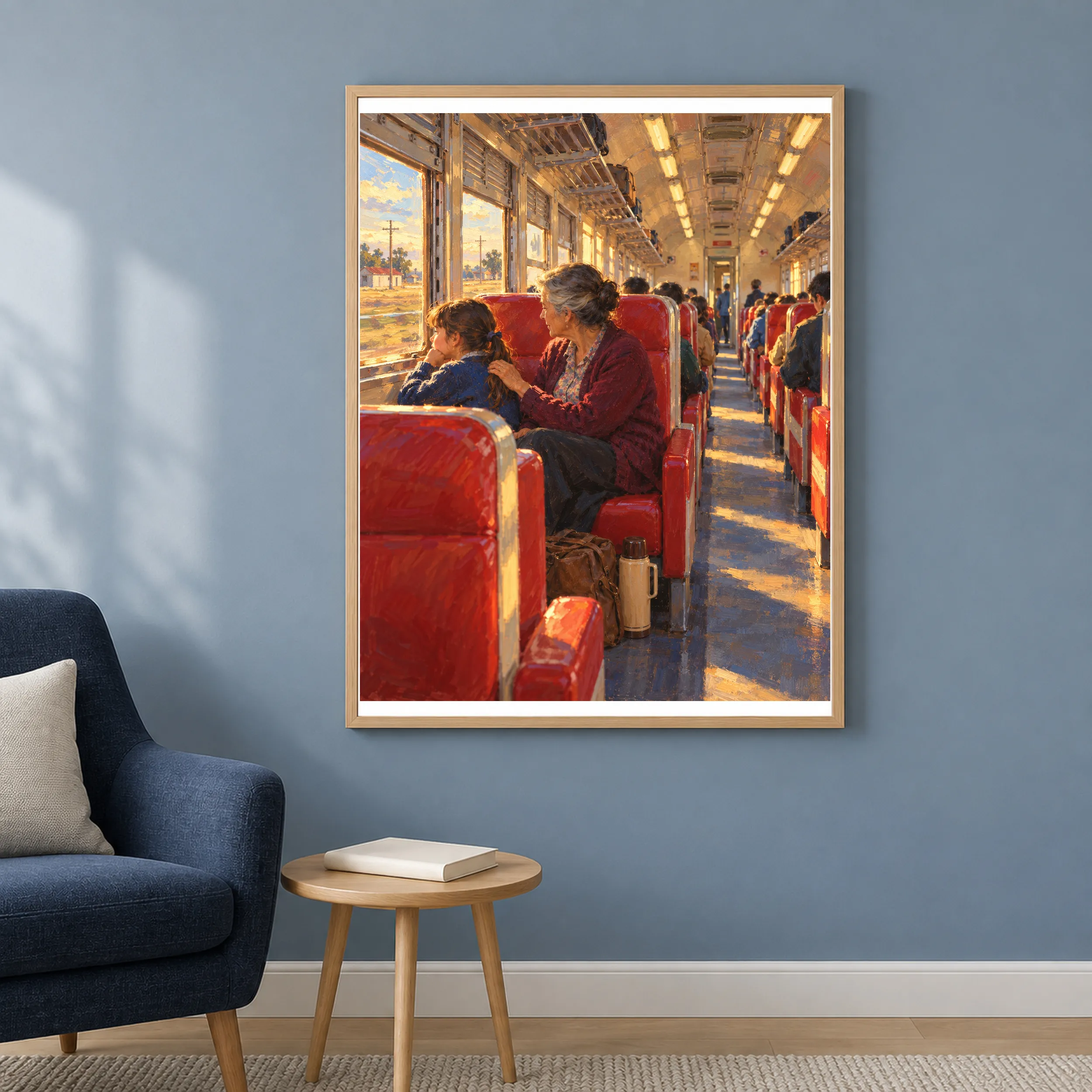 Junto a la ventana art print shown in a contrasting contemporary room, featuring red train seats, warm window light, and a quiet intergenerational moment.