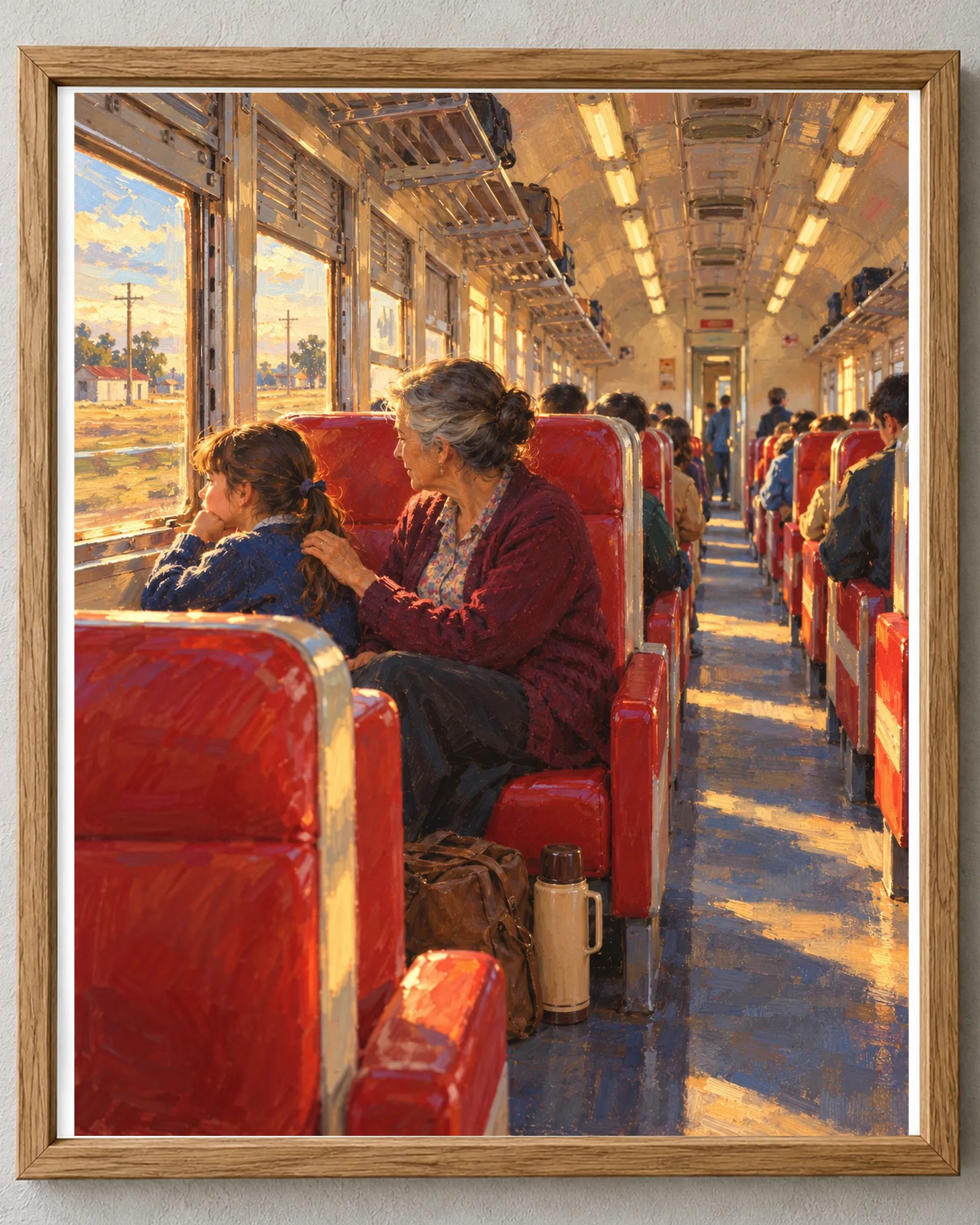 Close-up framed view of a painterly Argentine train scene showing a grandmother resting her hand on her granddaughter's shoulder beside the window.