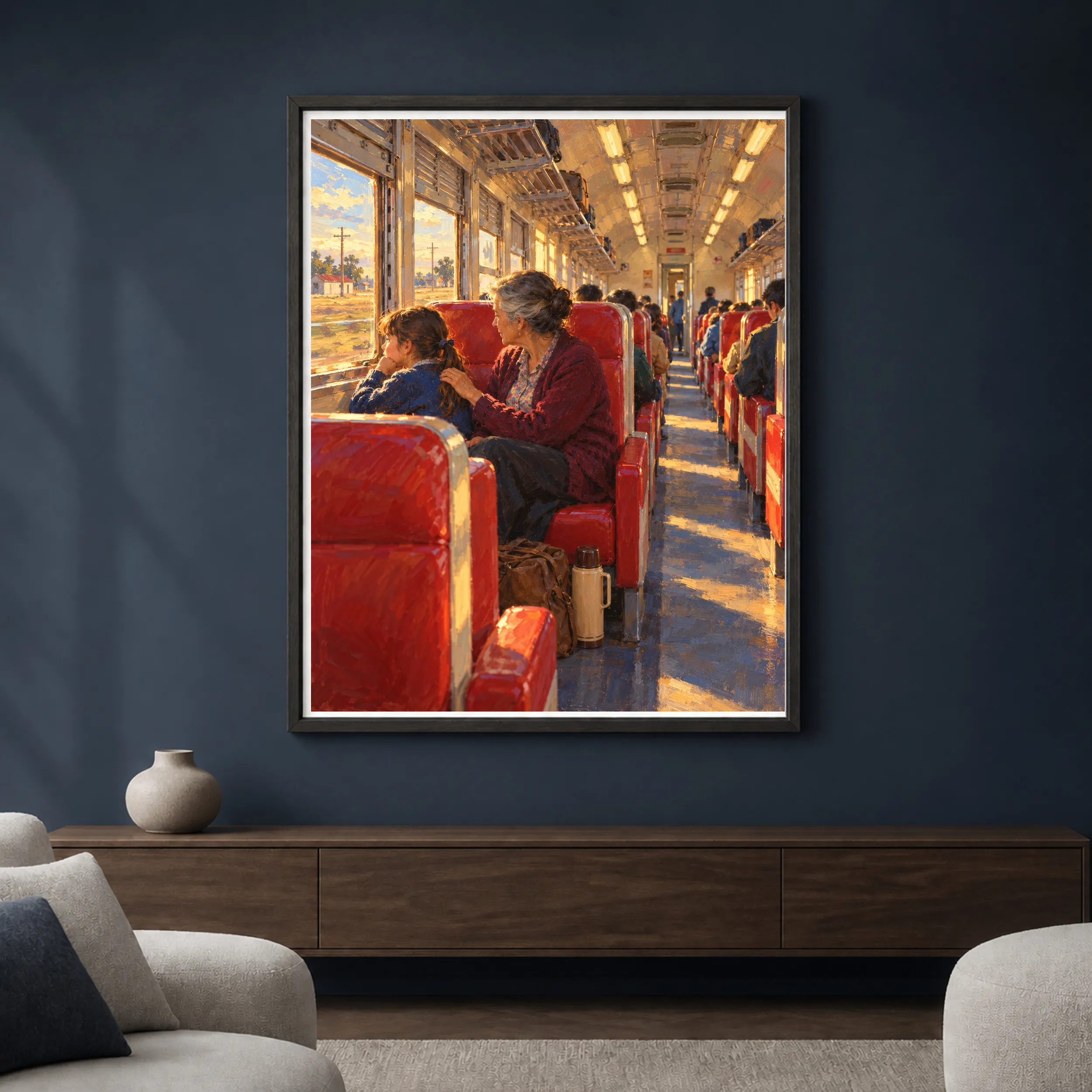 Framed vertical art print of a grandmother and granddaughter traveling together in a nostalgic 1990s Argentine train, displayed as the focal point of a refined interior.