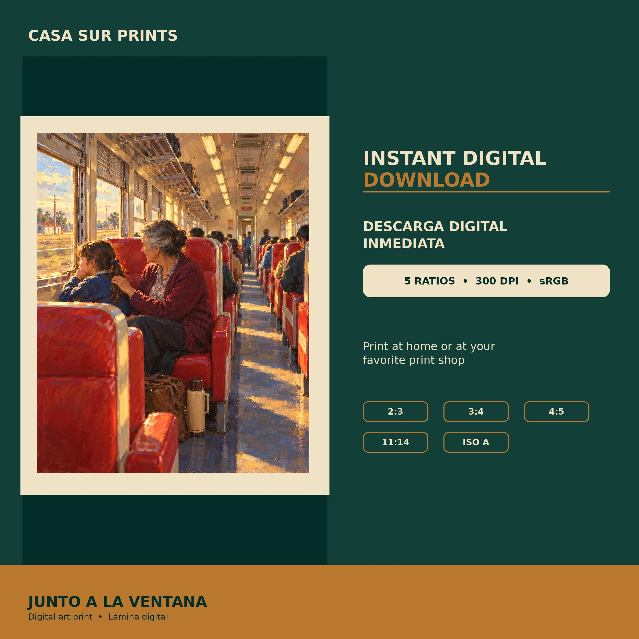 Casa Sur Prints digital download preview for Junto a la ventana, including five print ratios, 300 DPI resolution, and sRGB color profile.