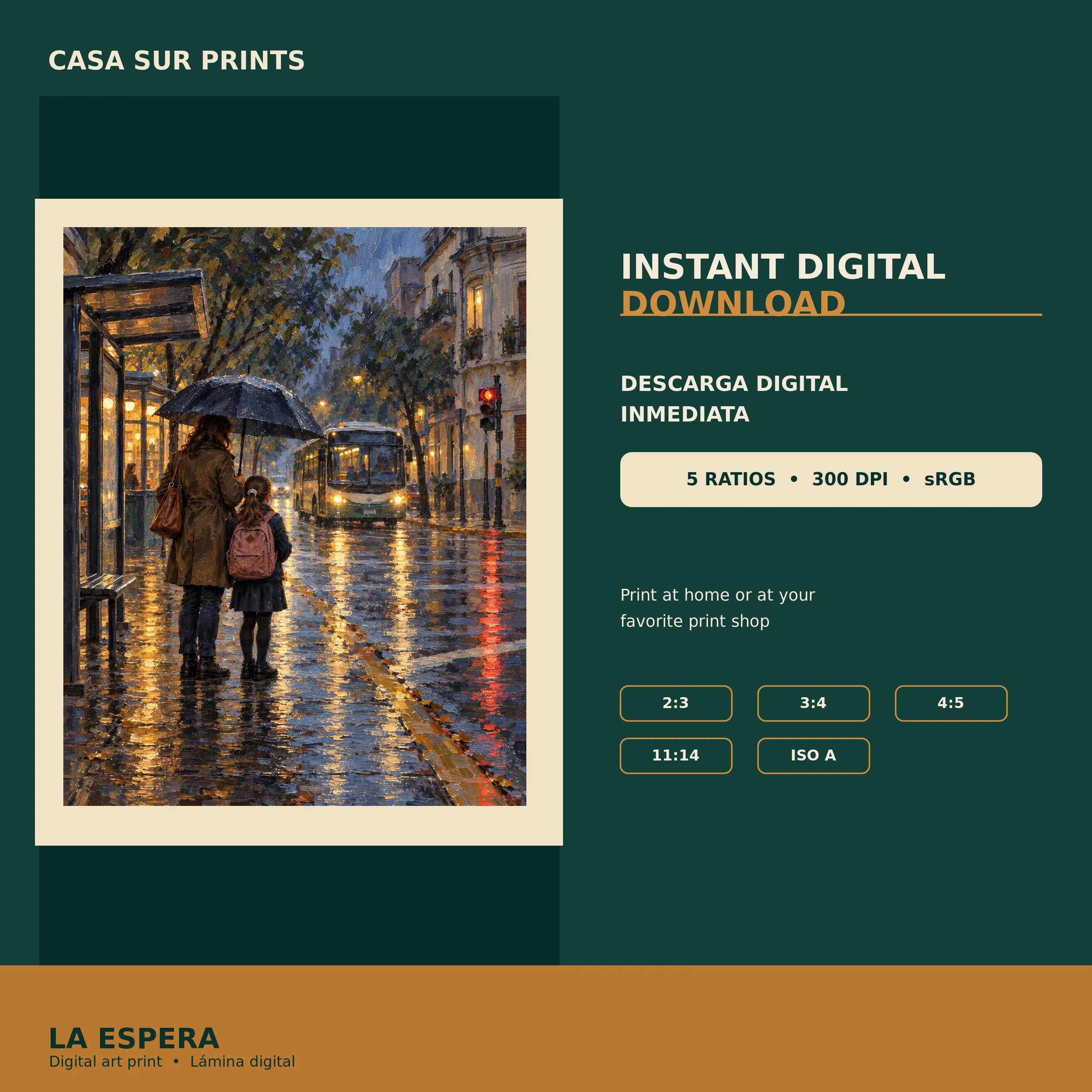 Digital download preview for La Espera listing five print ratios, 300 DPI and sRGB.