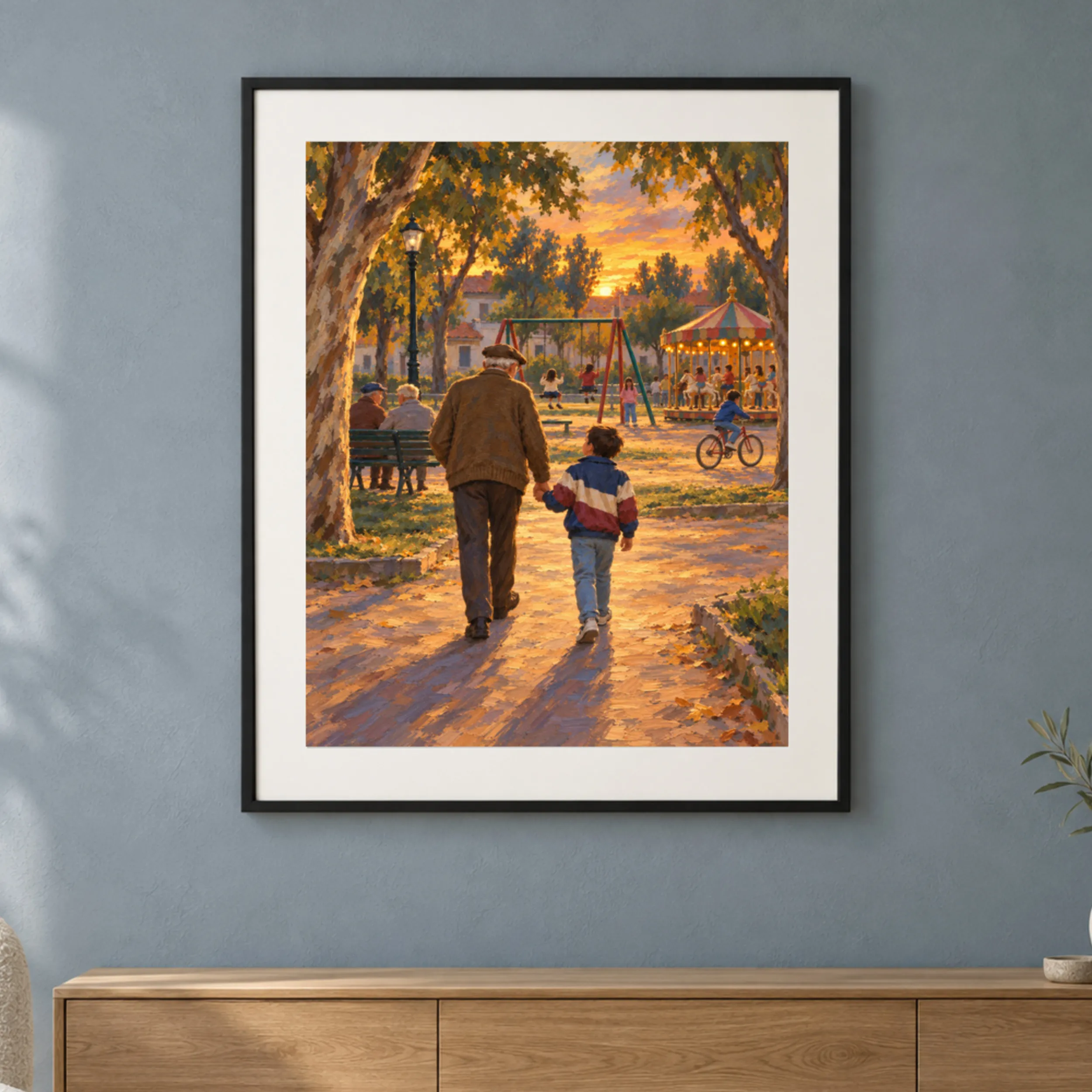 Framed print of a grandfather and child walking hand in hand through a town square at dusk hanging in a warm interior.
