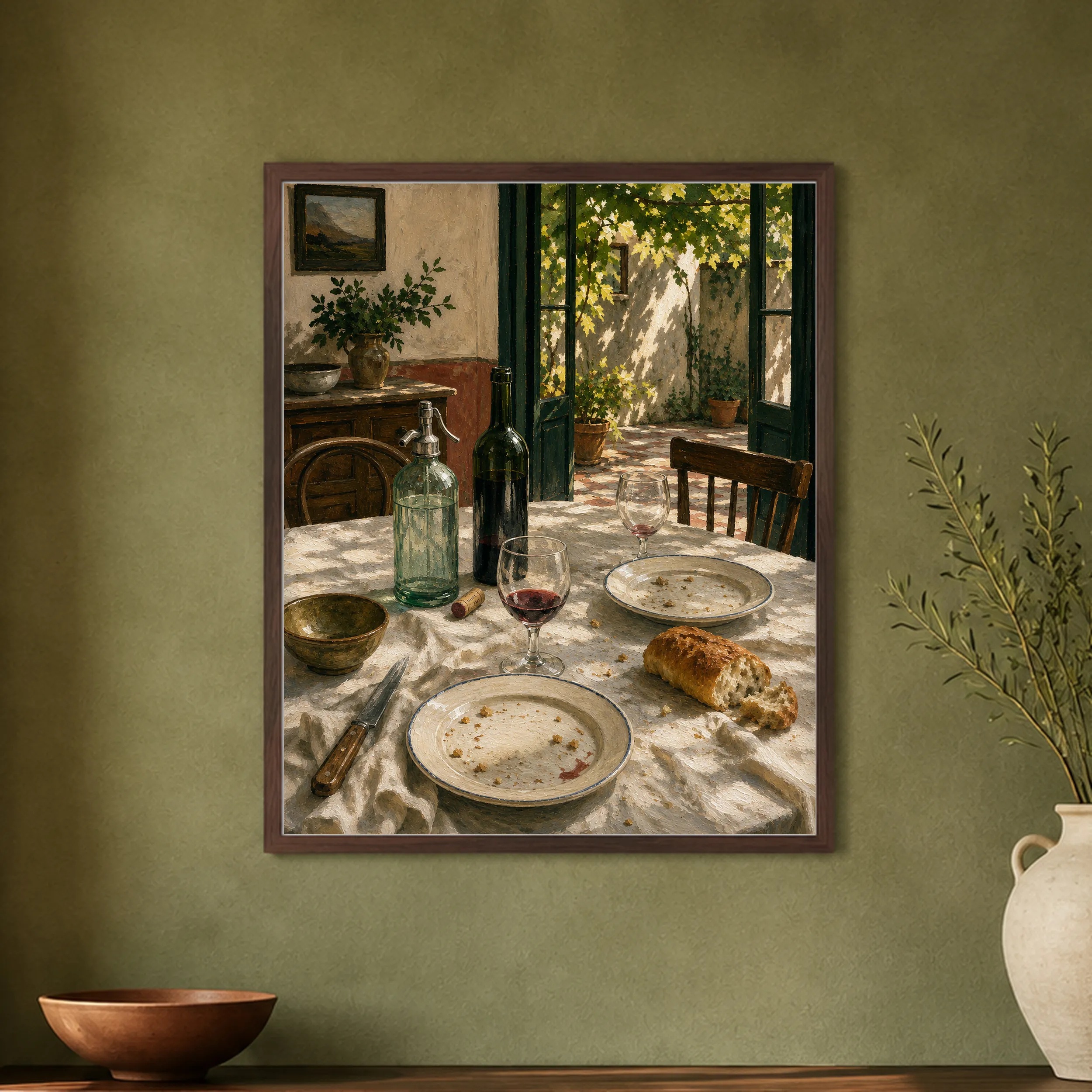 Framed print of a table after a shared meal in a sunlit patio hanging in a warm interior.