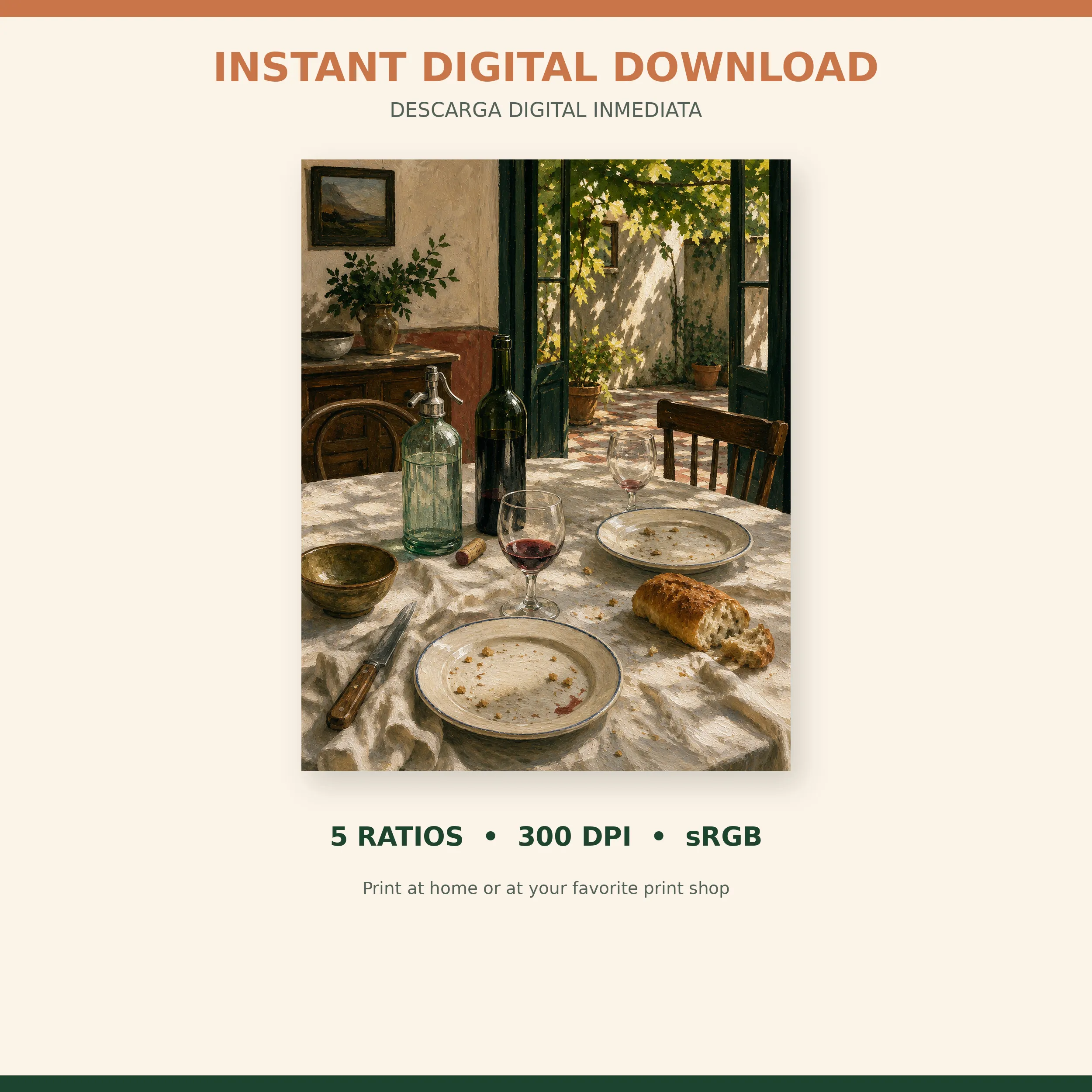 Digital download preview for La Sobremesa listing five print ratios, 300 DPI and sRGB.