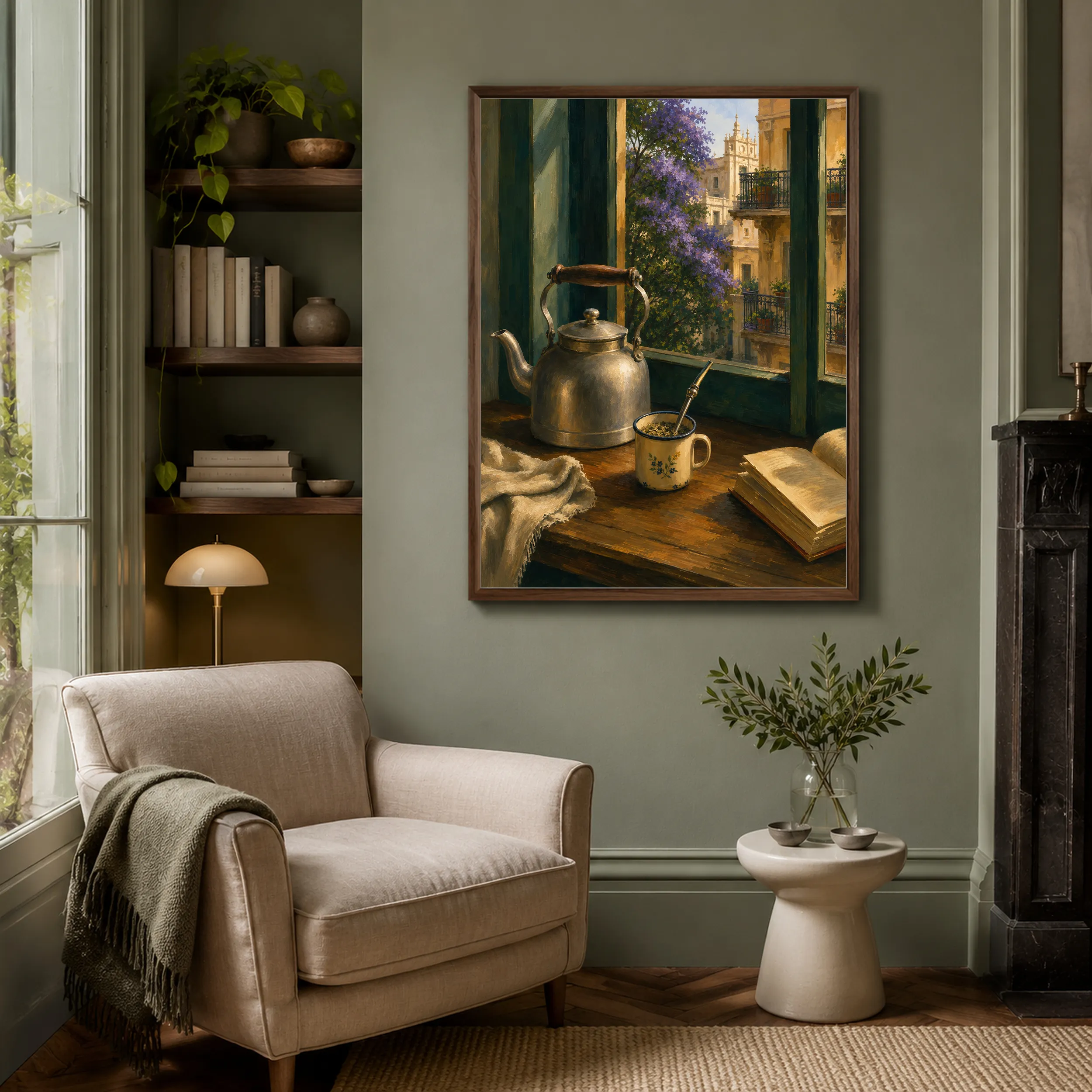 The same artwork on a sage-green wall beside a cream armchair and a bookshelf.