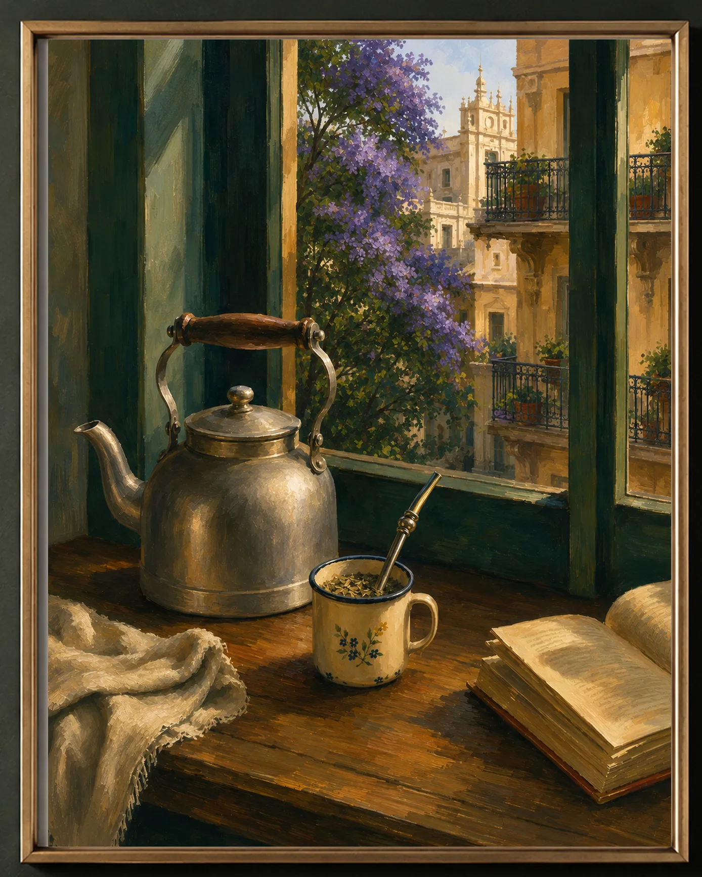 Close view of the framed painting on a deep green wall: afternoon light on the kettle, the mate and the pages of the book.