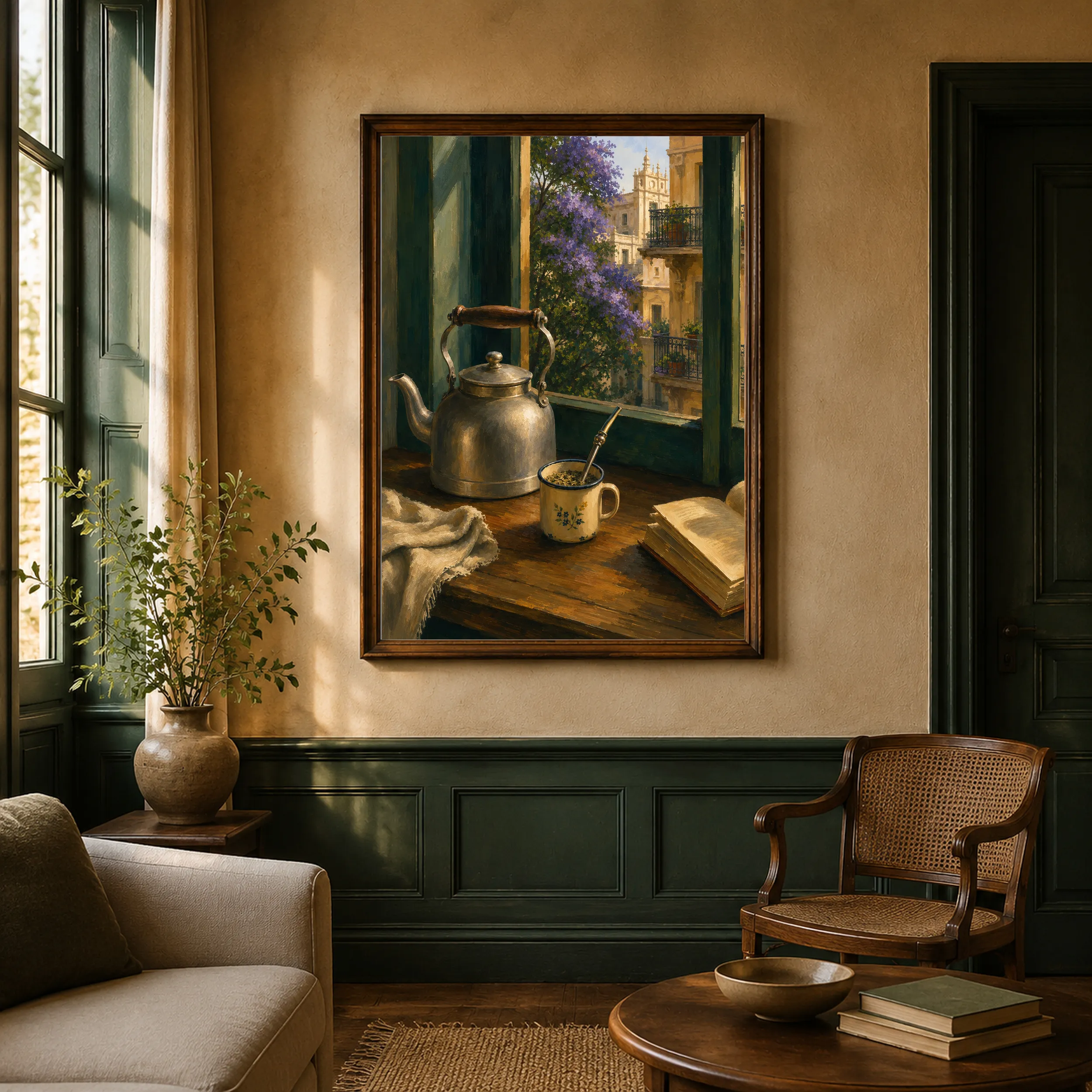 Framed print of a kettle, a mate and an open book on a table by a sunlit window, hanging on a warm ochre wall above a green-panelled living room.
