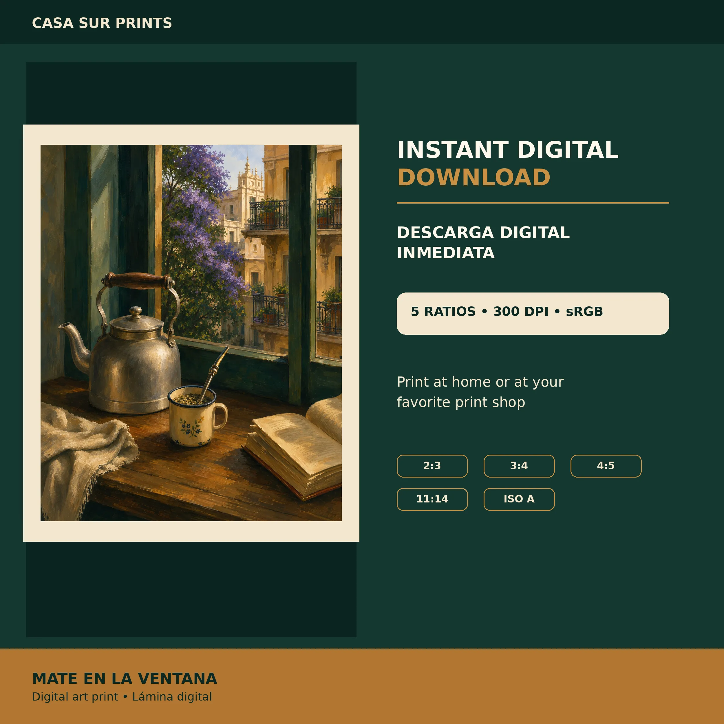 Digital download preview for Mate en la Ventana listing five print ratios, 300 DPI and sRGB.