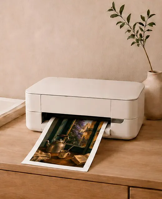A compact white home printer on a wooden sideboard, printing Mate en la Ventana on white paper.