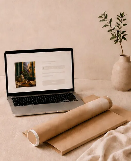 A laptop showing Mate en la Ventana on an online printing order page, next to a kraft shipping tube.