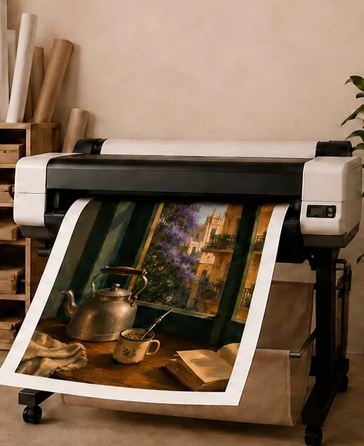 A large-format professional printer in a print studio, feeding out a full print of Mate en la Ventana.
