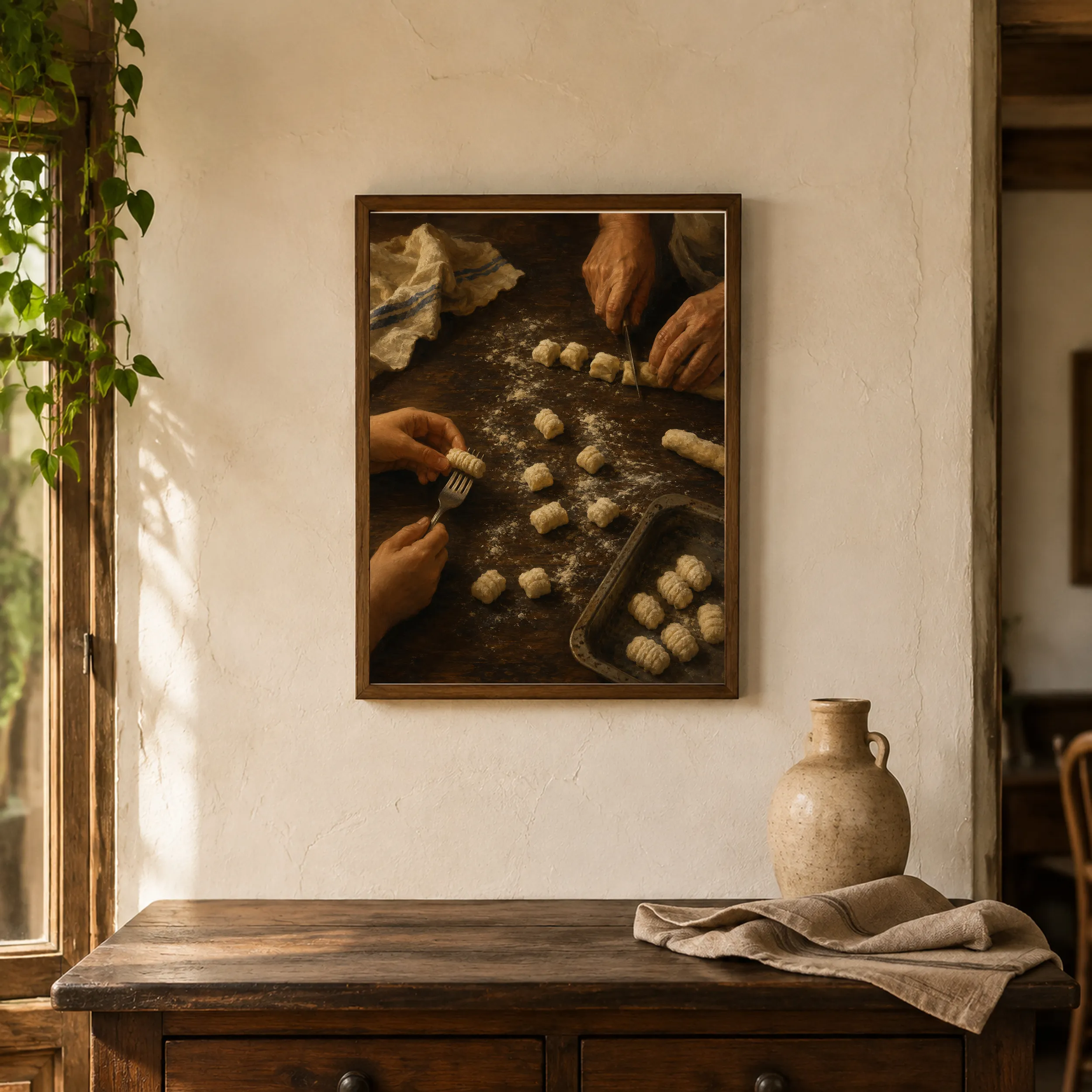 Framed Ñoquis del 29 artwork showing two generations making gnocchi at a flour-dusted wooden table.