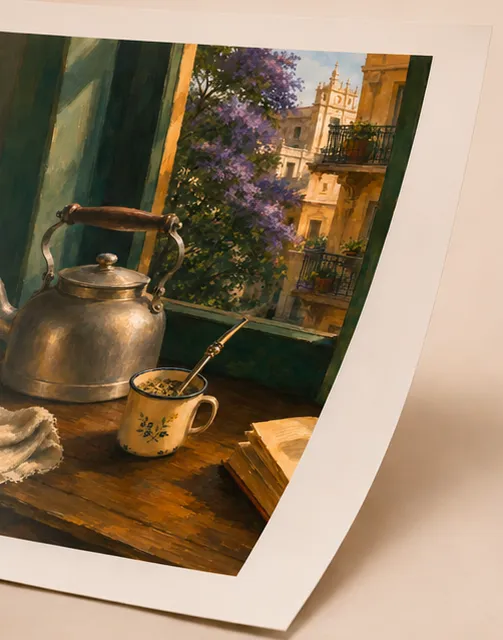 Close-up of Mate en la Ventana printed on glossy photo paper, with a visible sheen across the curled sheet.