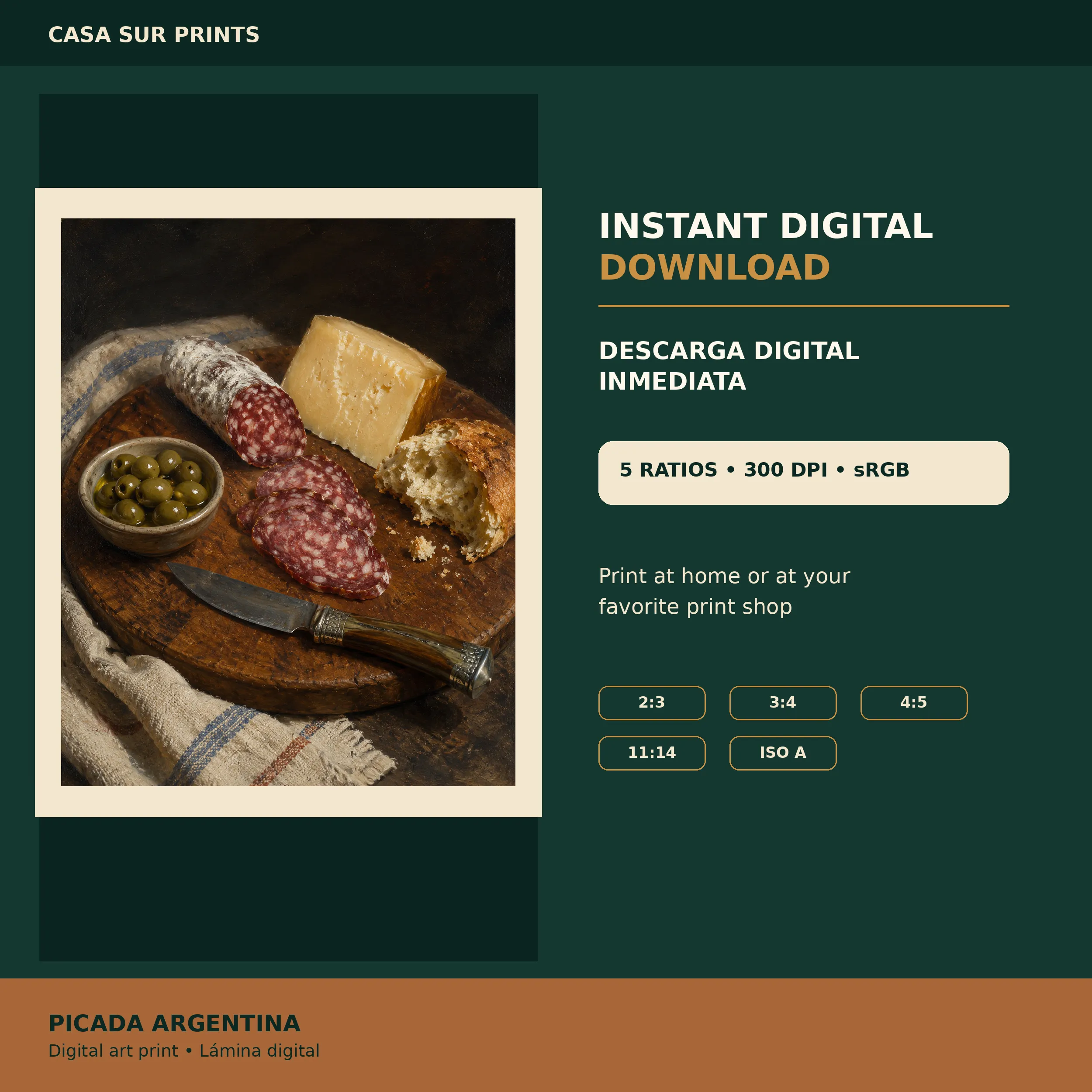 Digital download preview for Picada Argentina listing five print ratios, 300 DPI and sRGB.
