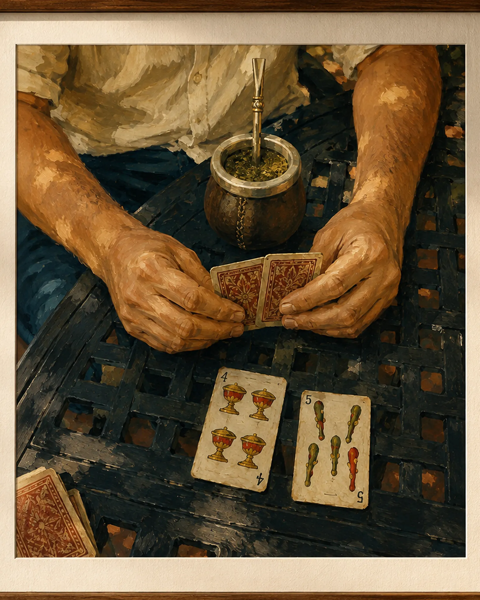 Close view of the framed artwork showing brushwork and detail.