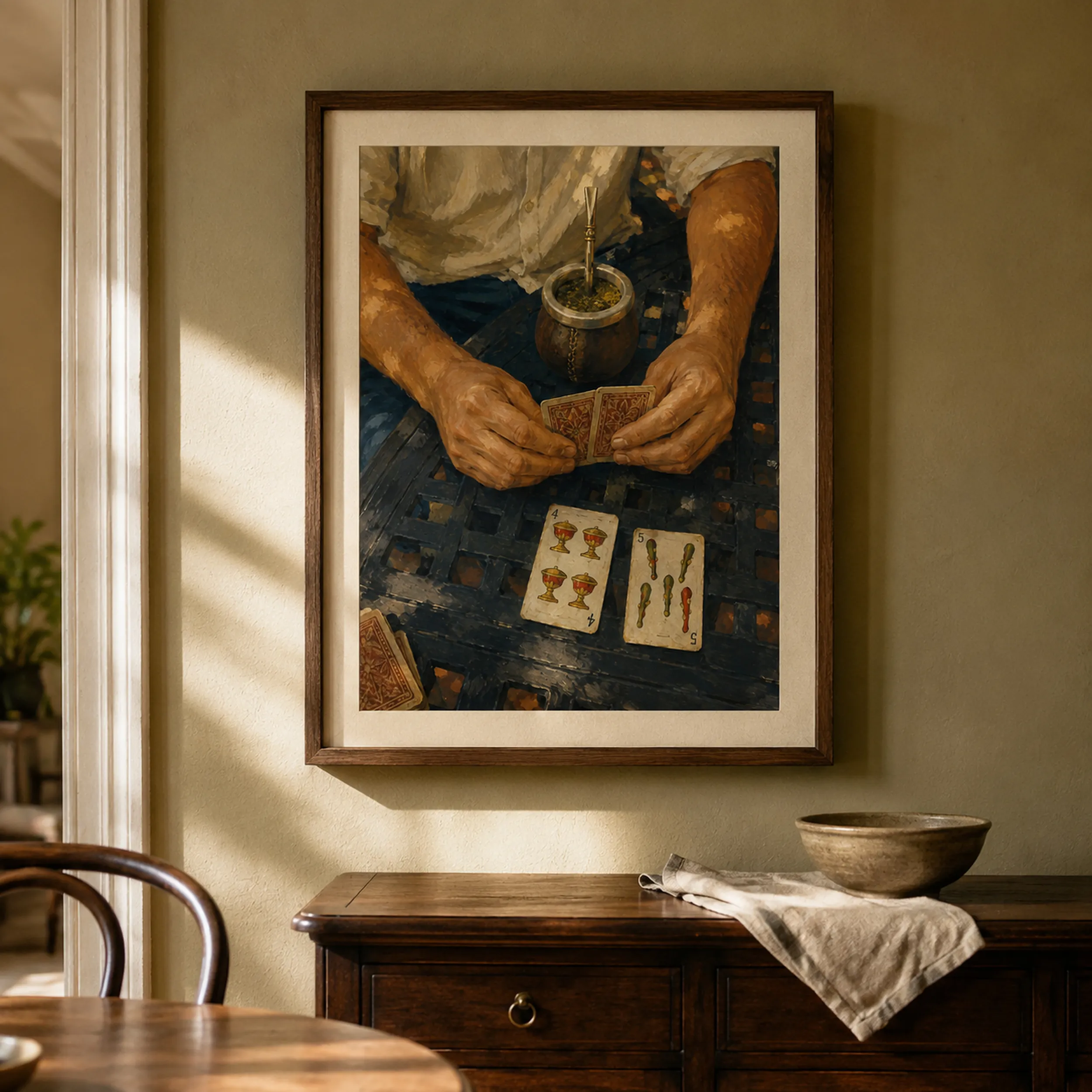 Framed print of hands holding Spanish playing cards beside a mate hanging in a warm interior.